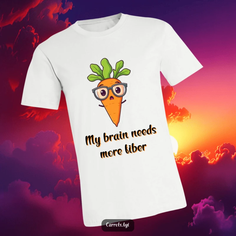 Funny t-shirt featuring a surprised carrot character with big glasses, expressing comical shock and amusement.