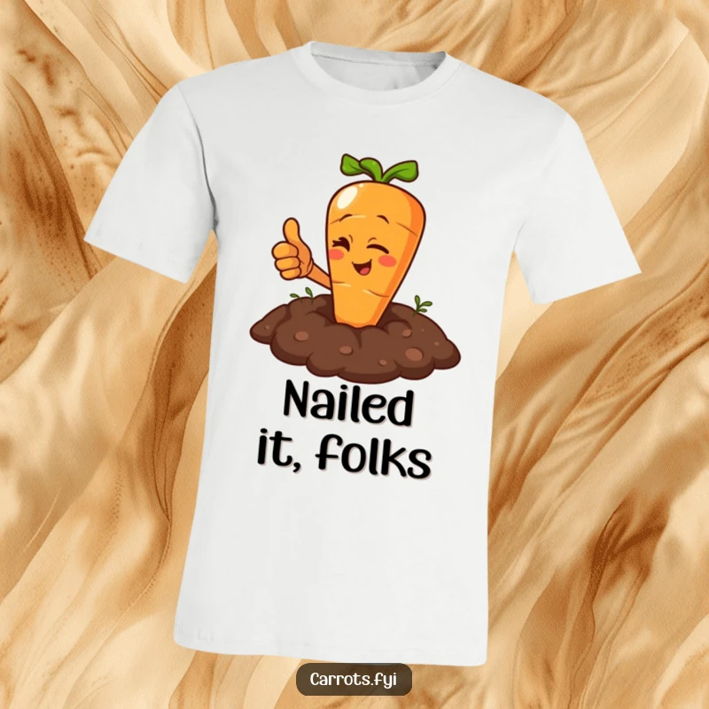 Funny Carrot T-Shirt: A carrot character winking playfully and giving a thumbs up while emerging from the soil.