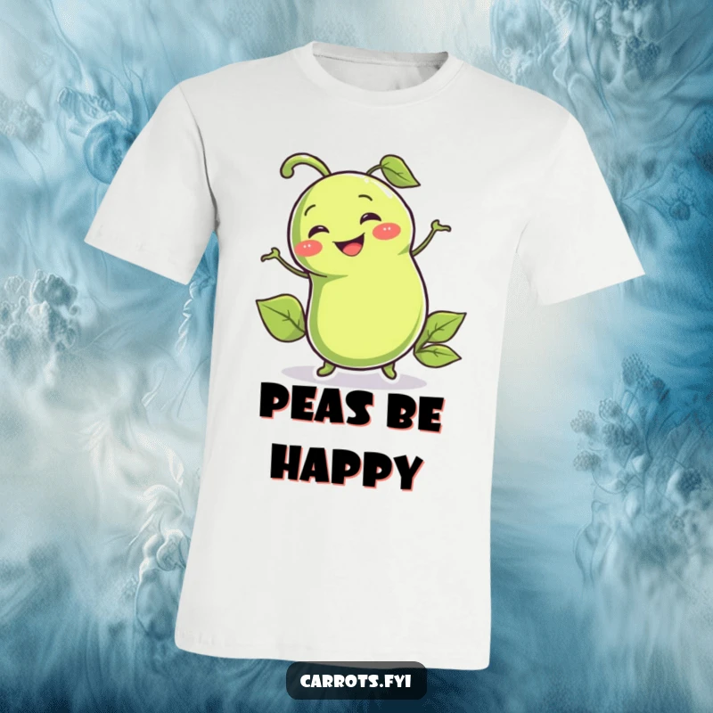 Funny t-shirt featuring a smiling pea pod character wiggling enthusiastically, ideal for fun and humorous apparel gifting.