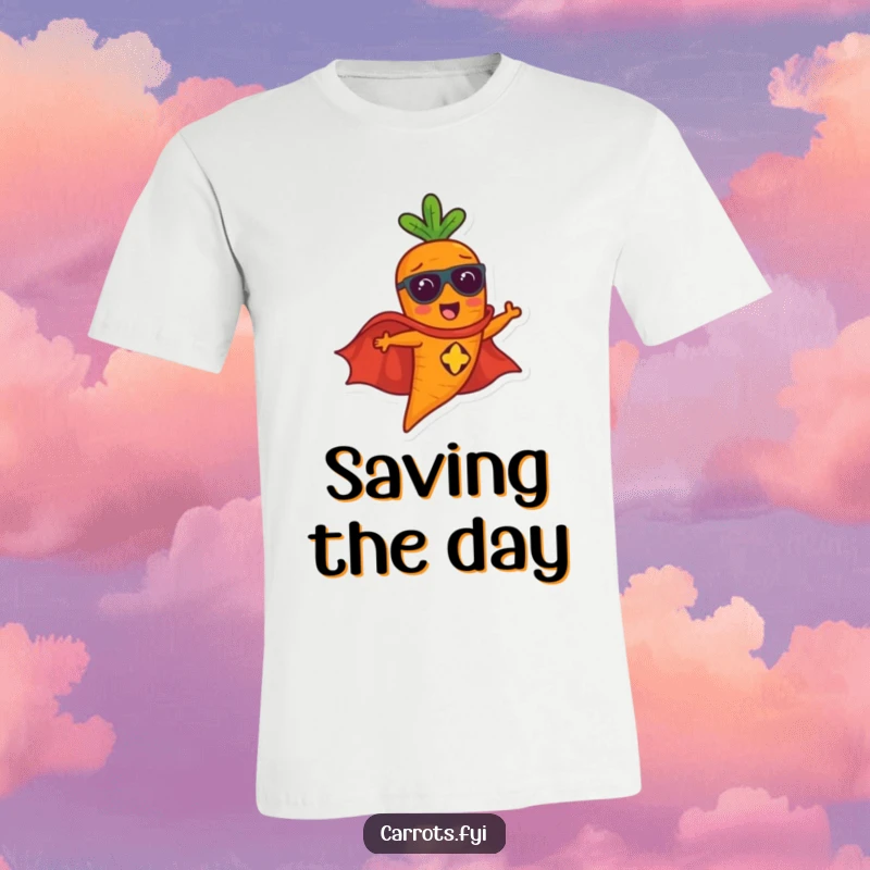 Funny carrot character wearing a superhero cape, flying powerfully through the air, a humorous heroic statement.