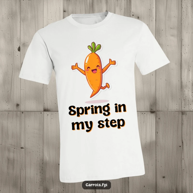 Funny t-shirt featuring an anthropomorphic carrot character executing a hilarious, high-energy jump, embodying pure playful exuberance and fun.