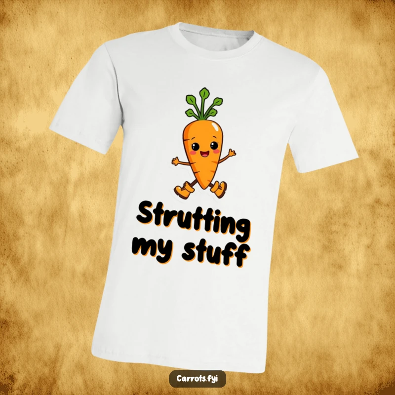 Funny t-shirt showcasing an anthropomorphic carrot character marching proudly with tiny boots, representing confidence and a humorous, determined attitude.