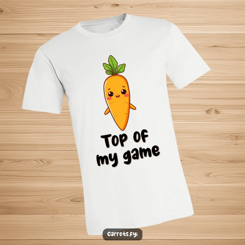 Funny T-shirt featuring a carrot character proudly wearing a tiny sprout hat, exuding confidence and charm.