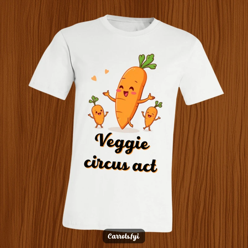 Funny t-shirt illustrating an anthropomorphic carrot character masterfully juggling three small, playful root vegetables, full of charm and skill.