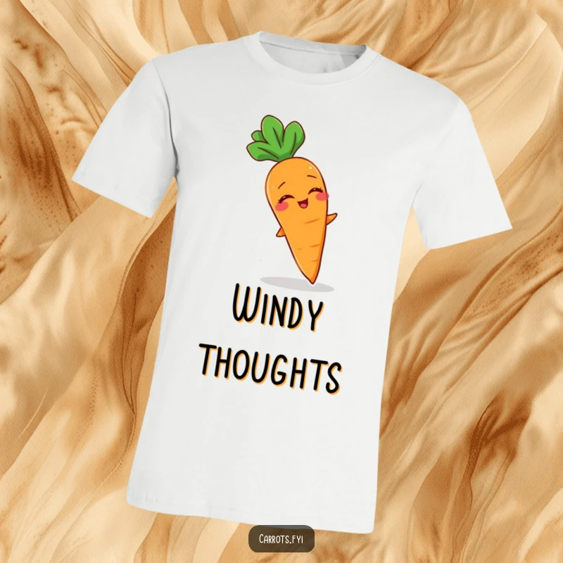 Funny t-shirt featuring a carrot character giggling as it's gently rustled by a soft breeze.
