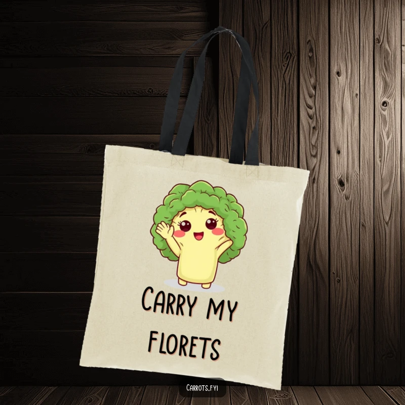 Funny tote bag showcasing a cute broccoli floret character giving a friendly wave, perfect for carrying items humorously.