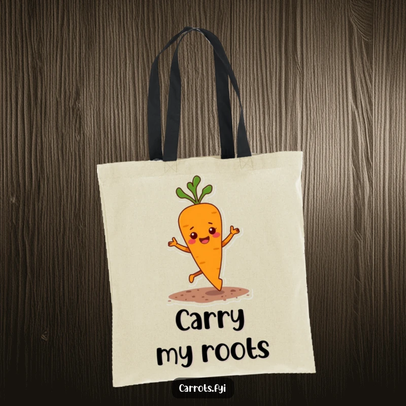 Funny tote bag design of a happy carrot character performing a bouncy jig with specks of soil flying, a cheerful accessory.