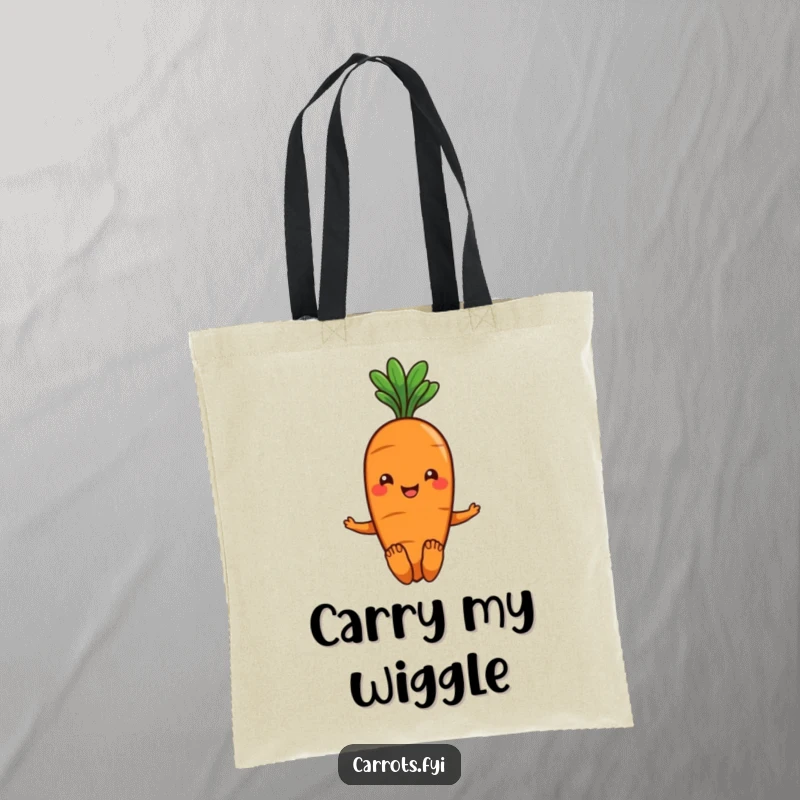 Funny smiling carrot tote bag with green leafy hair, wiggling its toes, a practical and amusing accessory.