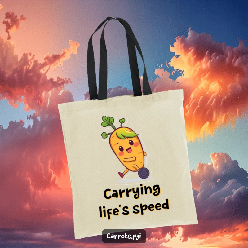 Funny tote bag with a happy carrot character with leafy hair zooming on small wheels, perfect for carrying essentials with a smile.