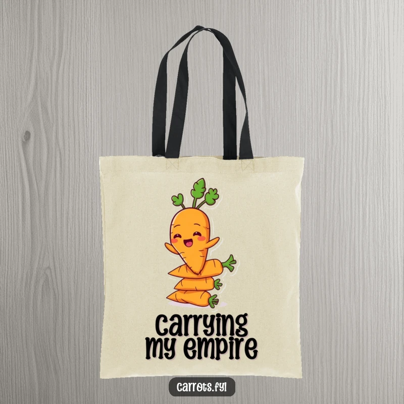 Funny carrot character grinning on a tote bag while balancing on carrots, showcasing veggie stability.