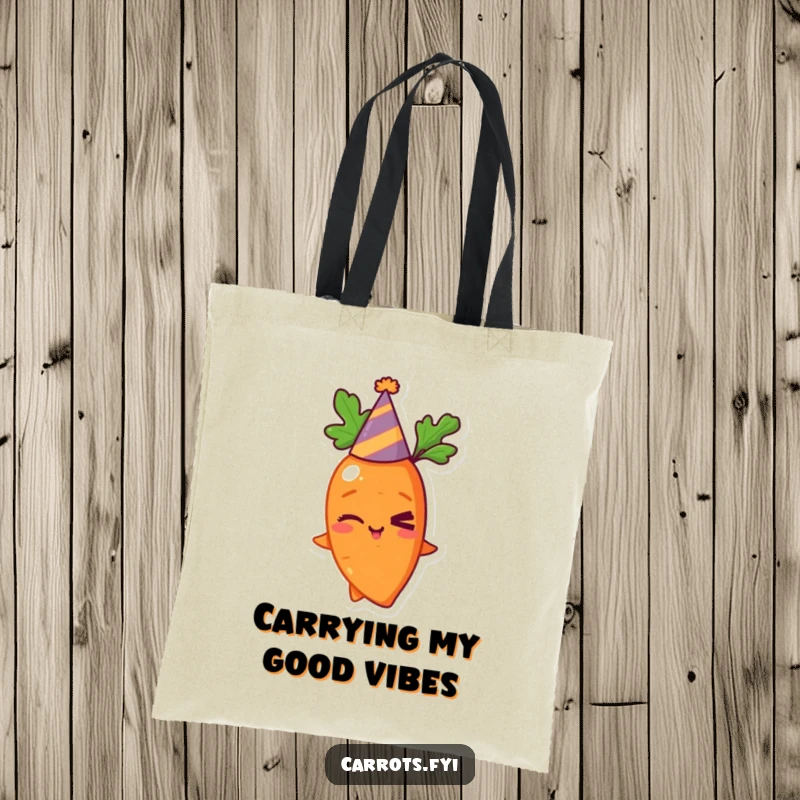 Funny tote bag showcasing a winking carrot in a party hat, ideal for carrying groceries or daily items with a humorous flair.