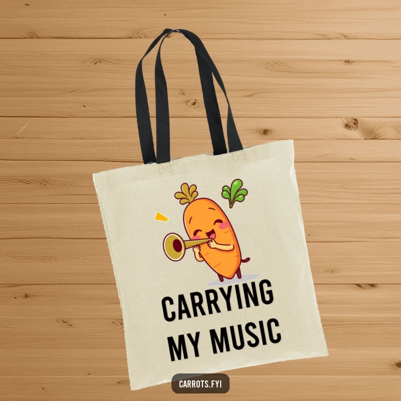 Funny tote bag displaying an anthropomorphic carrot character enthusiastically playing a miniature trumpet, adding a humorous and musical element to everyday carry.