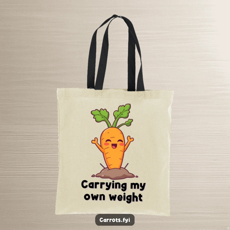 Funny carrot tote bag depicting a triumphant carrot character emerging from the soil with a cheerful and determined expression.