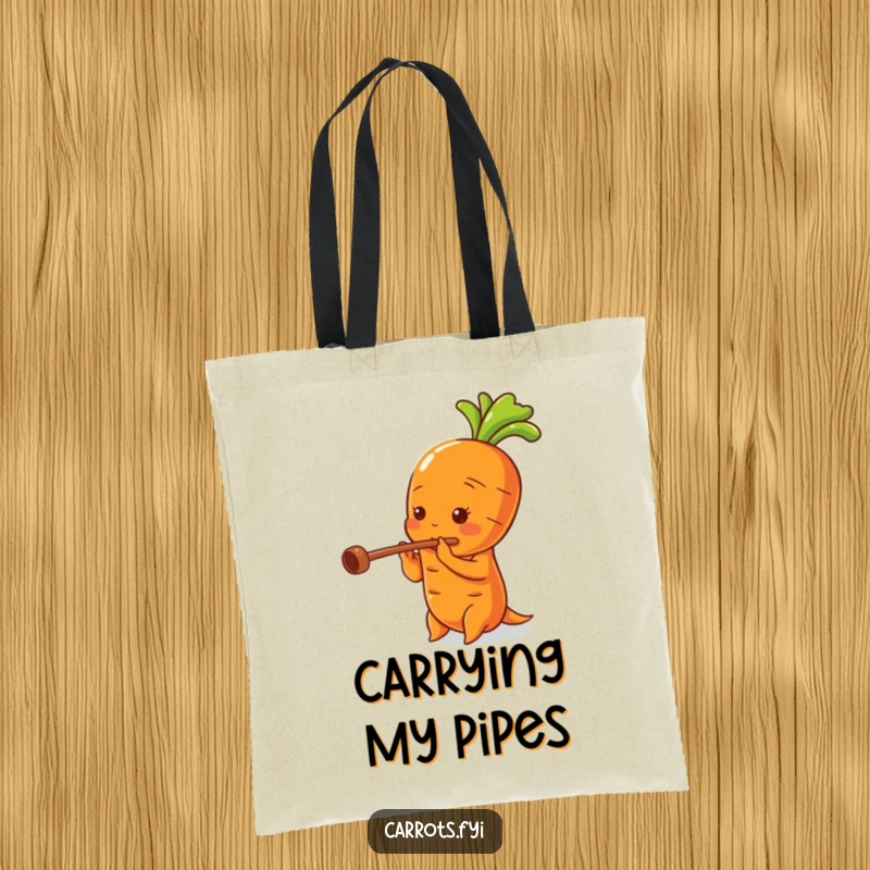 Funny tote bag showcasing a happy carrot playing a flute carved from its hollow stalk, ready for a musical journey.