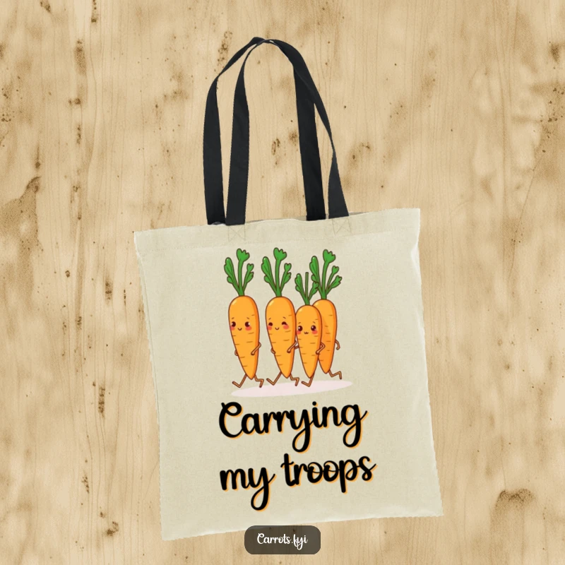 Funny Carrot Tote Bag: A tote bag featuring carrots with little legs marching in unison, perfect for a fun and functional accessory.