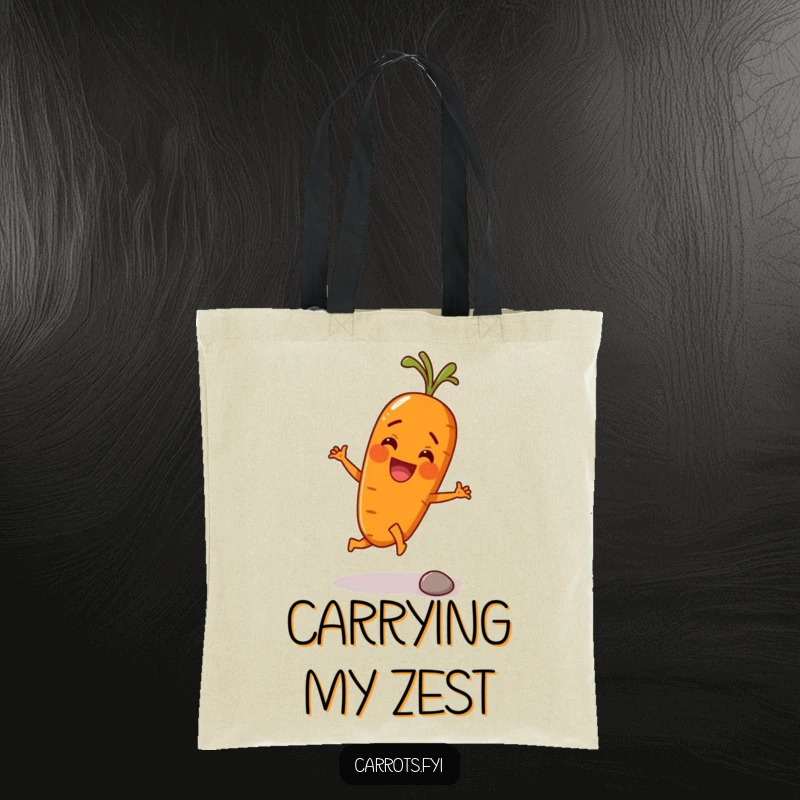 Funny tote bag featuring an anthropomorphic carrot character with a determined look, kicking a tiny pebble with its root, energetic and amusing.