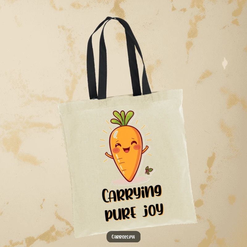 Funny tote bag with a brightly smiling carrot character, exuding freshness and making shopping a cheerful experience.