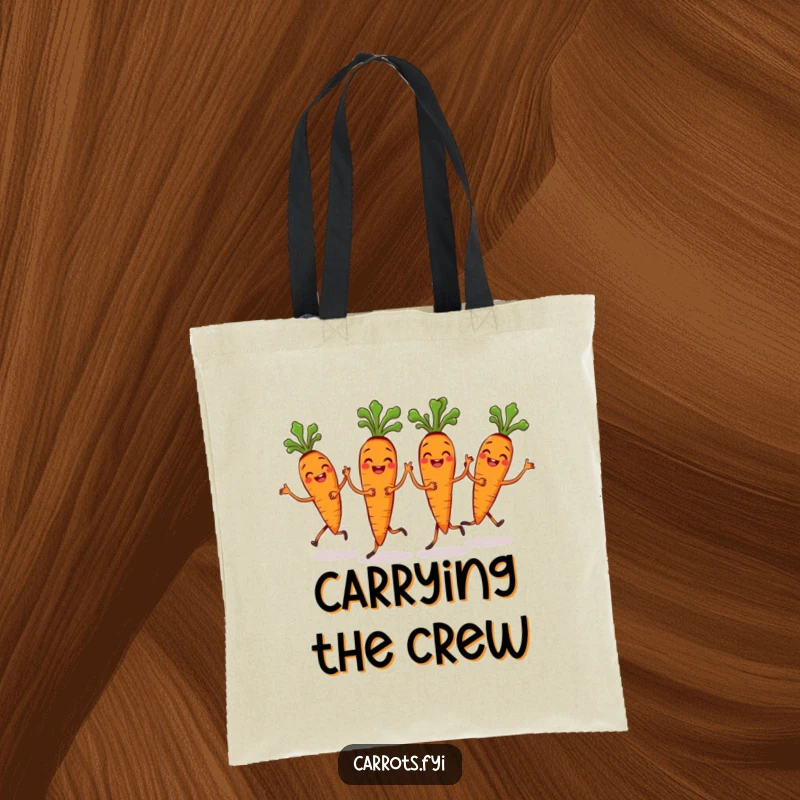 Funny Carrot Bunch Tote Bag with grinning carrots doing a synchronized dance, perfect for carrying items with team spirit.