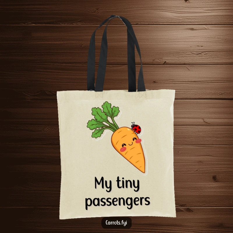 Funny tote bag illustrating a smiling carrot with rosy cheeks, delicately balancing a tiny ladybug on its tip, showcasing gentle charm.