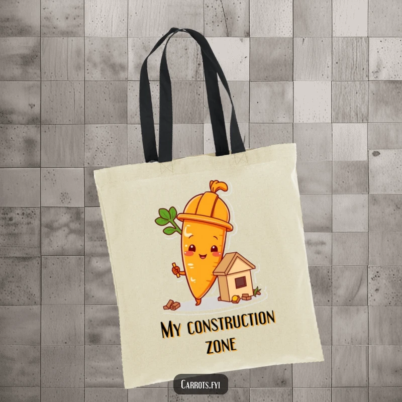Funny carrot character in a hard hat building a food structure, a humorous and practical tote bag.
