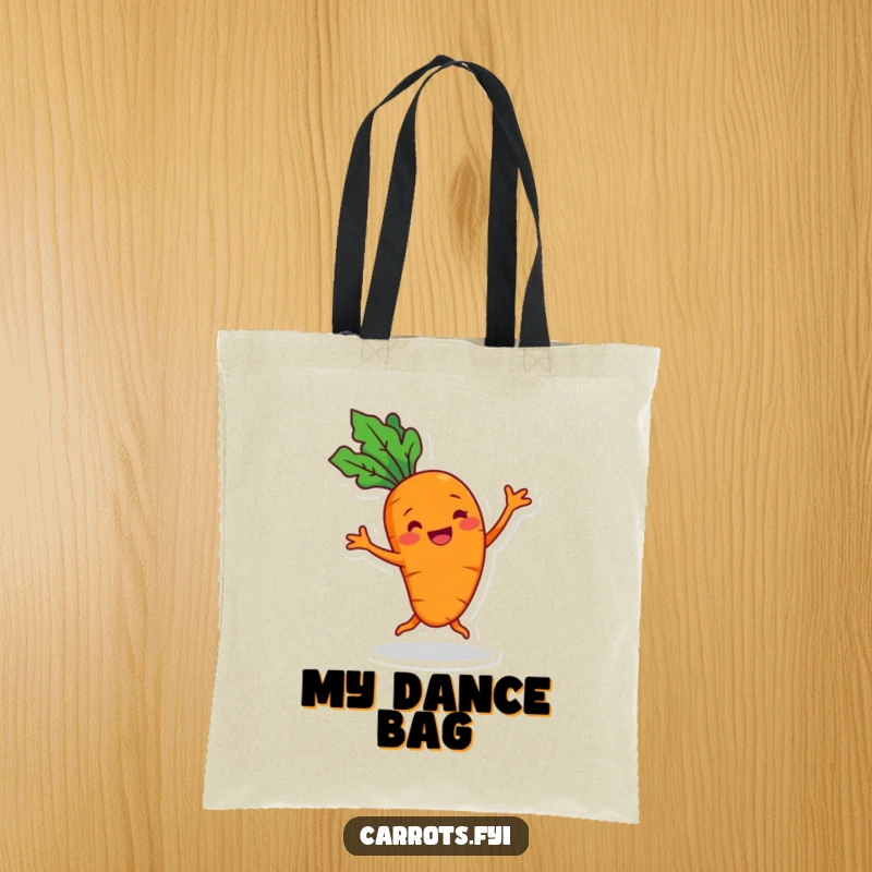 Funny cheerful carrot tote bag with a grin, performing a silly dance, a practical and smile-inducing accessory.