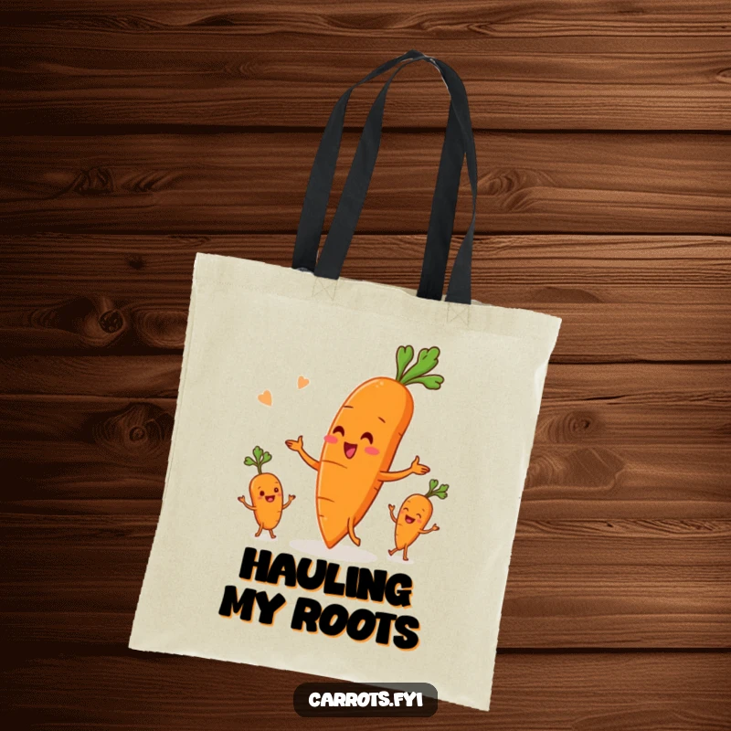 Funny tote bag depicting an anthropomorphic carrot character adeptly juggling three smaller root vegetables, a lively and humorous design.