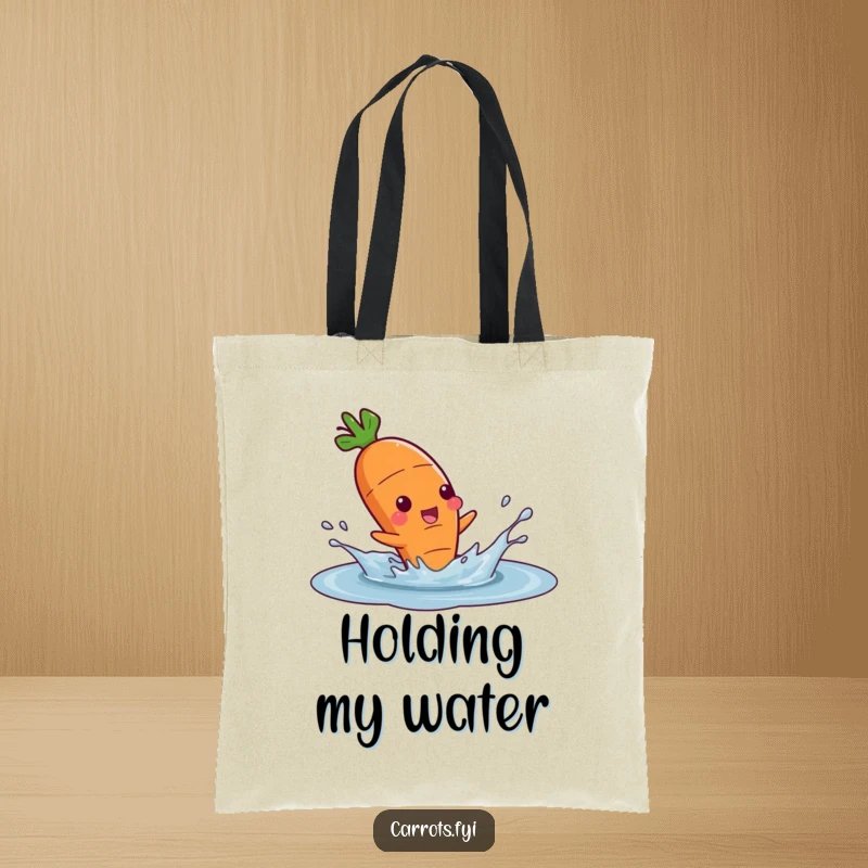 Funny tote bag showcasing a carrot character having the time of its life splashing in a puddle, full of glee.