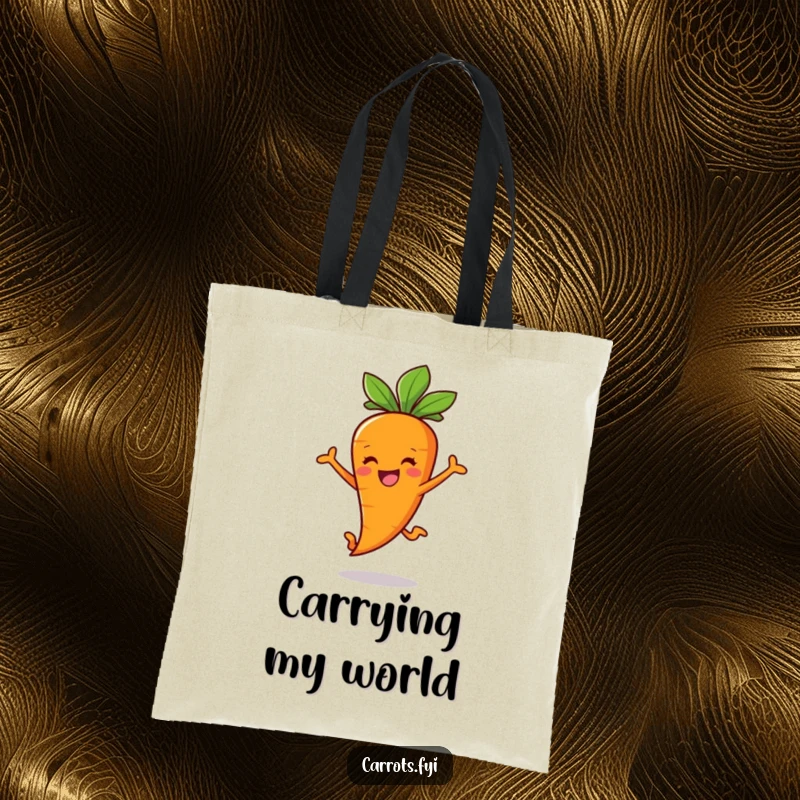 Funny Carrot Stick Tote Bag with a cheerful carrot character joyfully leaping, perfect for carrying essentials with style.