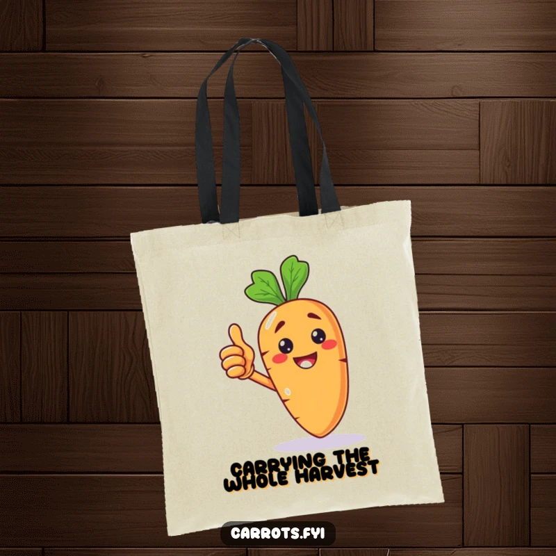 Funny tote bag featuring a happy anthropomorphic carrot character giving a confident thumbs up, ready for any adventure.