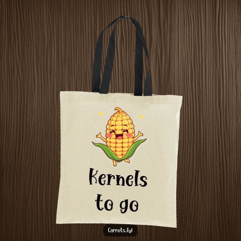 Funny tote bag showcasing an anthropomorphic corn kernel character spinning joyfully, perfect for carrying items humorously.