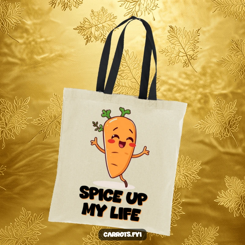 Funny tote bag showcasing a carrot character doing a silly dance, sprinkled with herbs, ready for party time.