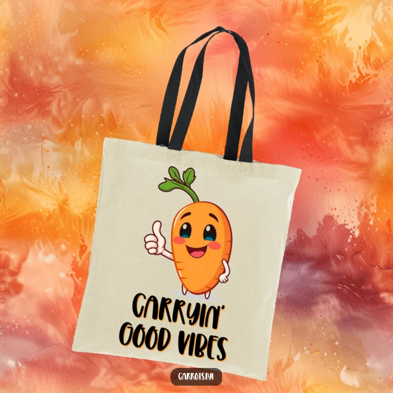 Funny tote bag with a jolly carrot character giving a healthy thumbs-up, perfect for carrying essentials with a smile.