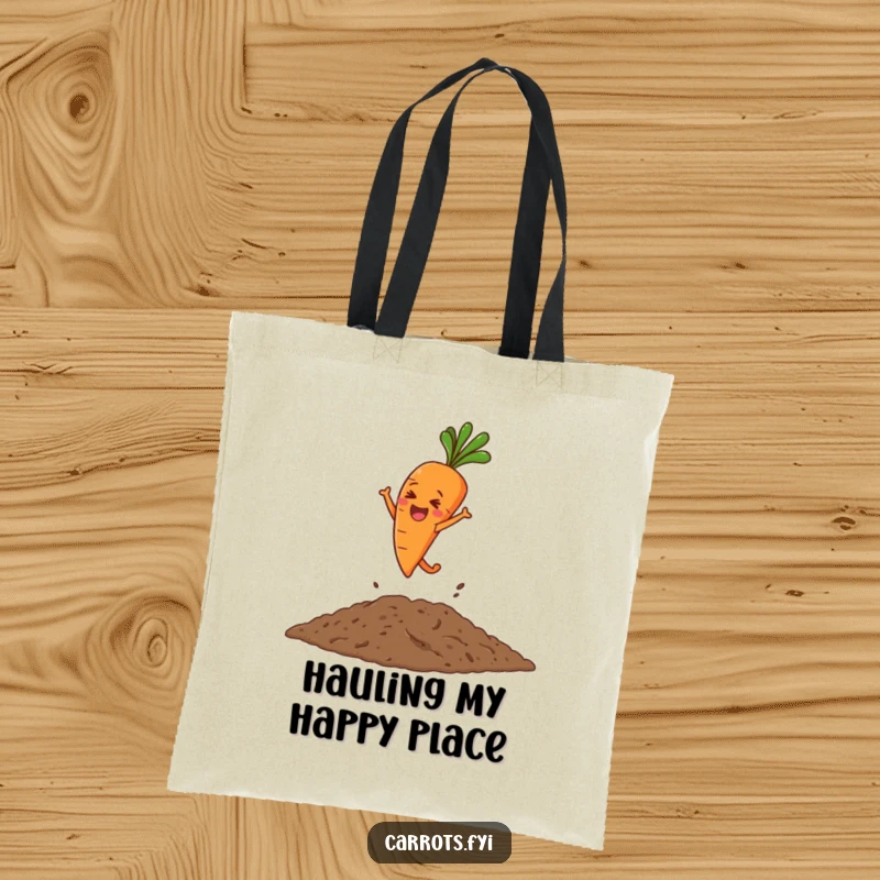 Funny tote bag illustrating a carrot character joyfully plunging into a heap of loose soil, embodying garden enthusiasm.
