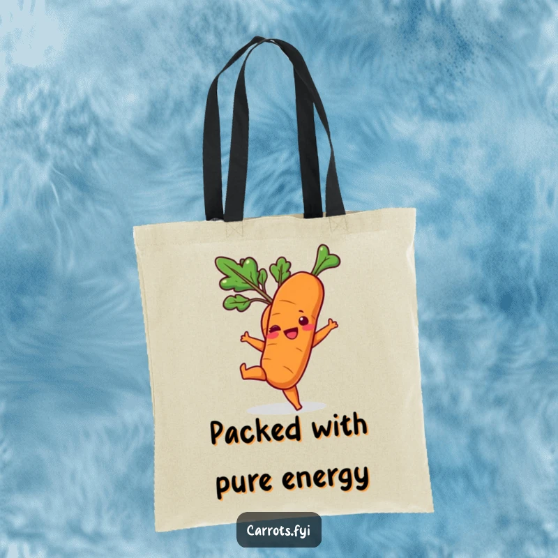 Funny tote bag with a cartoon carrot executing a playful kick with its leafy top, conveying fun motion.
