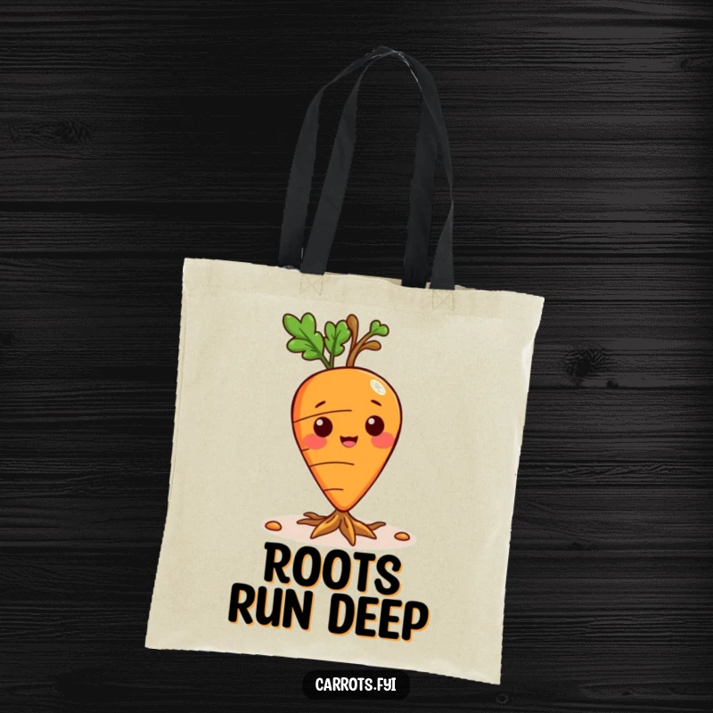 Funny tote bag featuring a playful carrot character sprouting small roots, perfect for carrying everyday items.