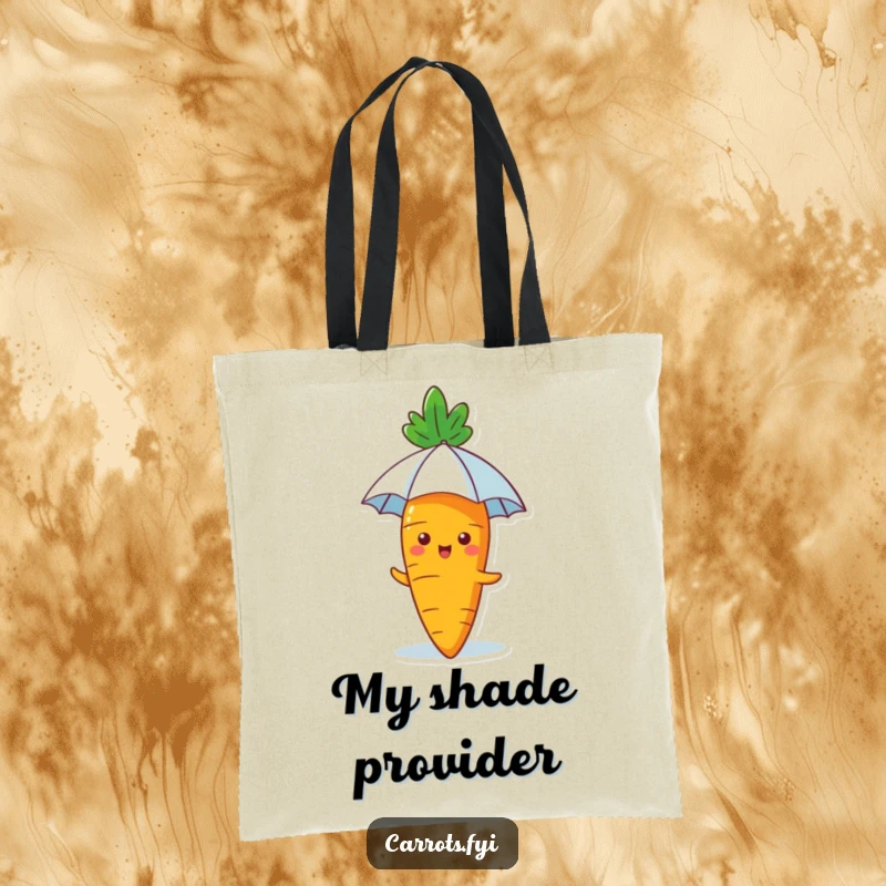 Funny Carrot Tote Bag: A tote bag featuring a happy carrot with a tiny umbrella shielding it from the sun, perfect for a cheerful accessory.