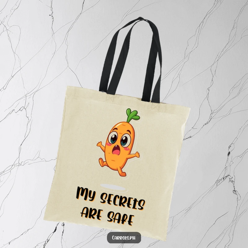 Funny carrot character in a surprised leap on a tote bag, conveying shock and humor.