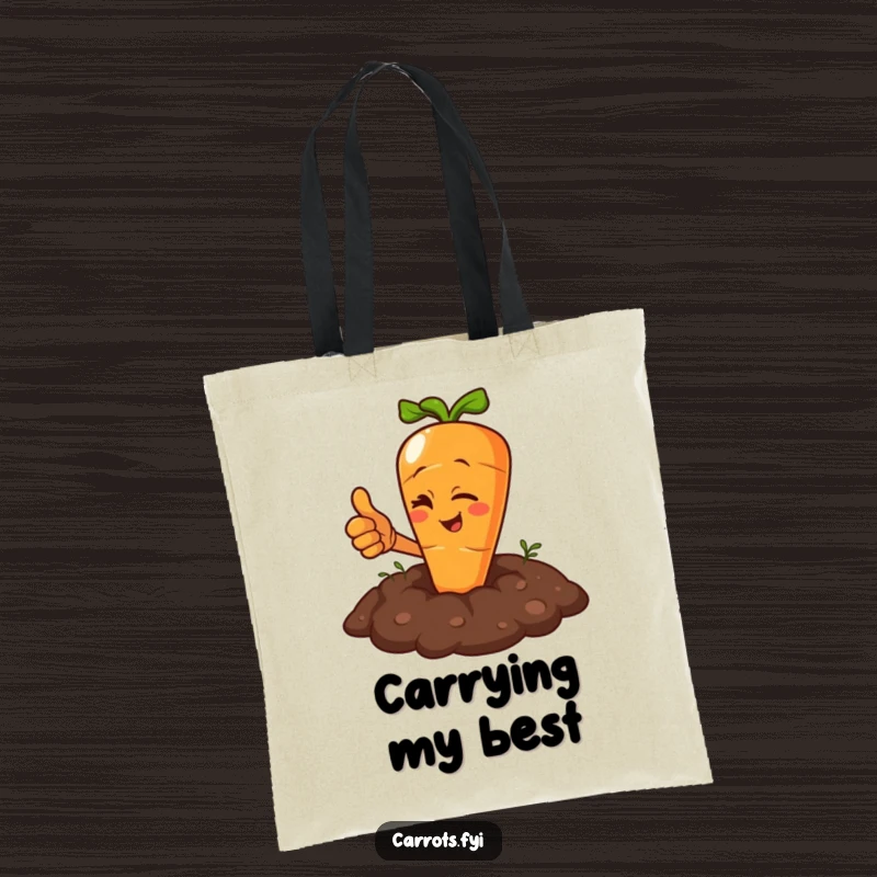 Funny Carrot Tote Bag: A tote bag featuring a carrot character winking and giving a thumbs up from the soil.