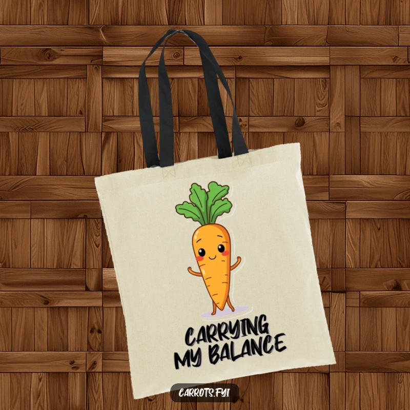 Funny tote bag showing a wobbly carrot character in a comical pose, great for carrying essentials with humor.