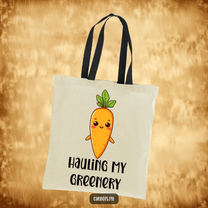 Funny tote bag featuring a carrot character wearing a tiny sprout hat with a proud and confident demeanor.