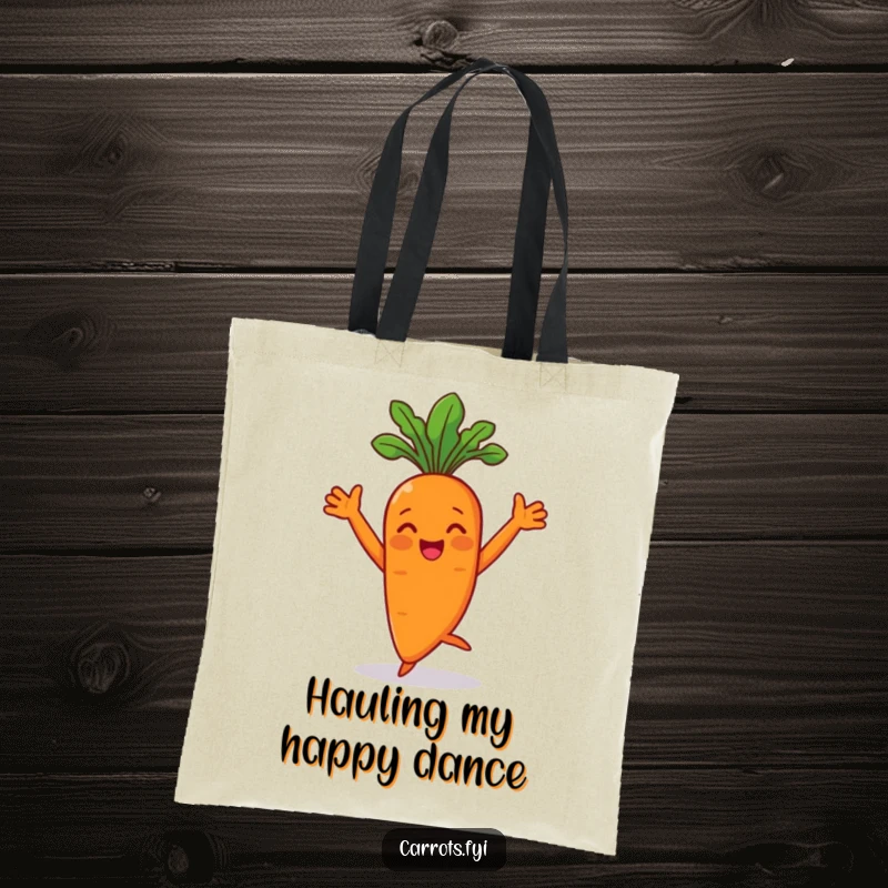 Funny carrot character joyfully dancing on a stylish tote bag, showcasing veggie humor.
