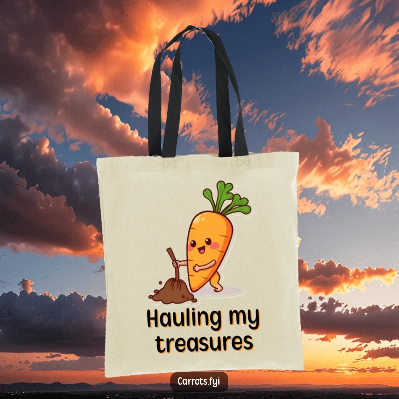 Funny tote bag showing an anthropomorphic carrot character actively digging, ideal for carrying supplies and spreading gardening cheer.