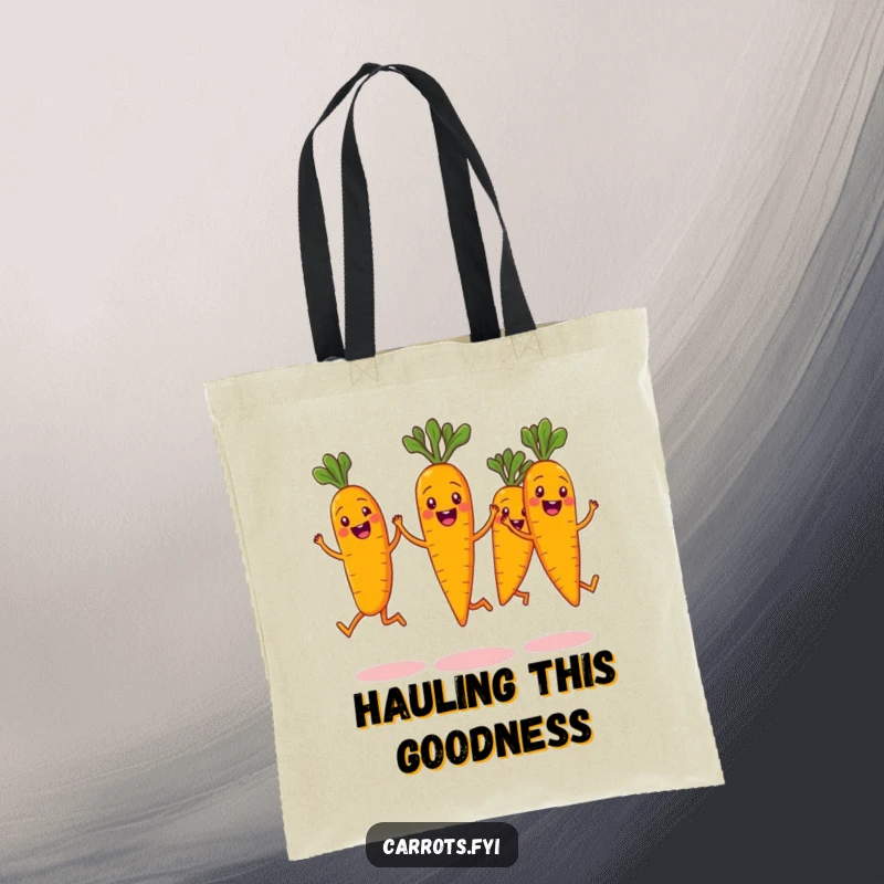 Funny tote bag illustrating a group of happy carrot characters mid-jump, their wide grins and synchronized pose conveying a sense of energetic fun.