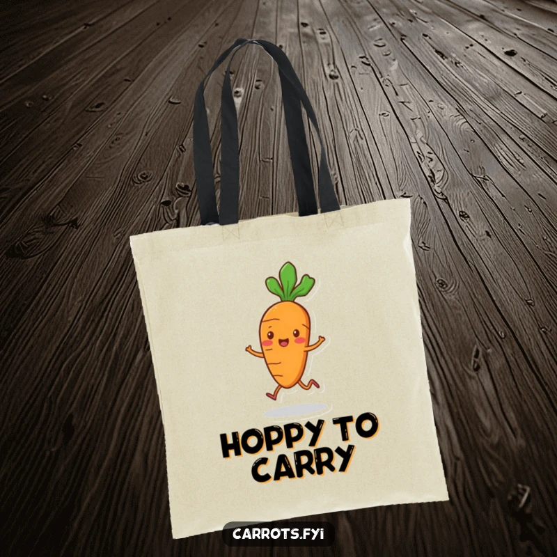 Funny playful carrot tote bag with small legs, hopping merrily, a practical and smile-inducing accessory.