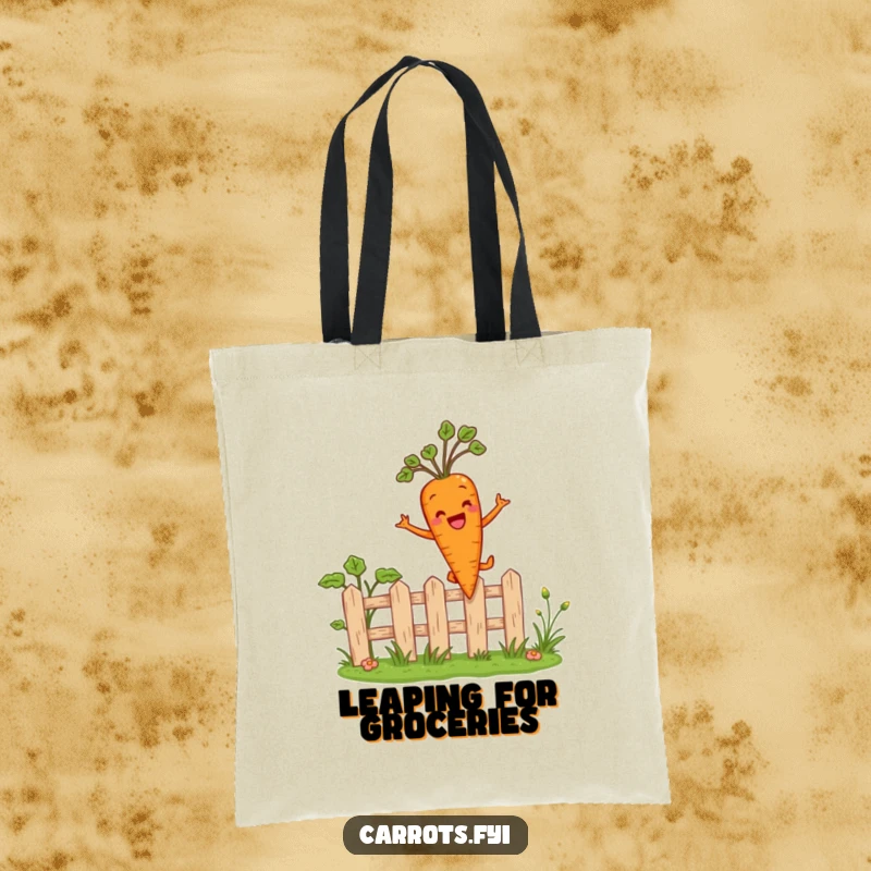 Funny tote bag depicting an anthropomorphic carrot character happily leaping over a miniature garden fence, a vibrant and cheerful design.