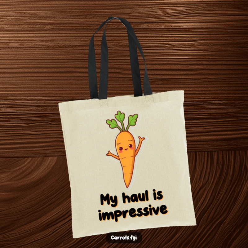 Funny tote bag with a confident carrot character standing with arms akimbo, embodying pride.