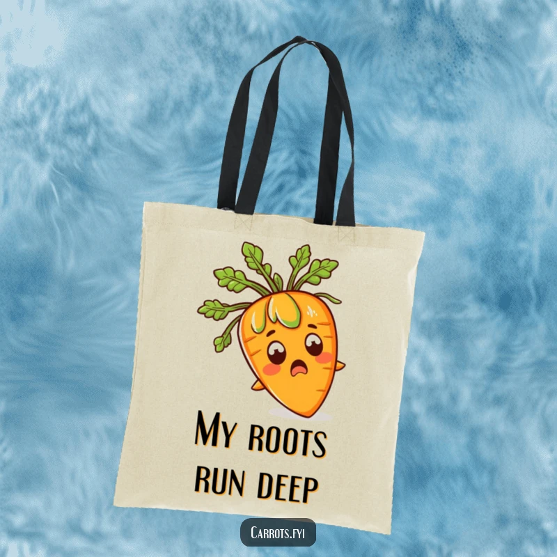 Funny tote bag featuring a shocked carrot with large eyes and wild, green leafy hair bursting out, a humorous accessory.