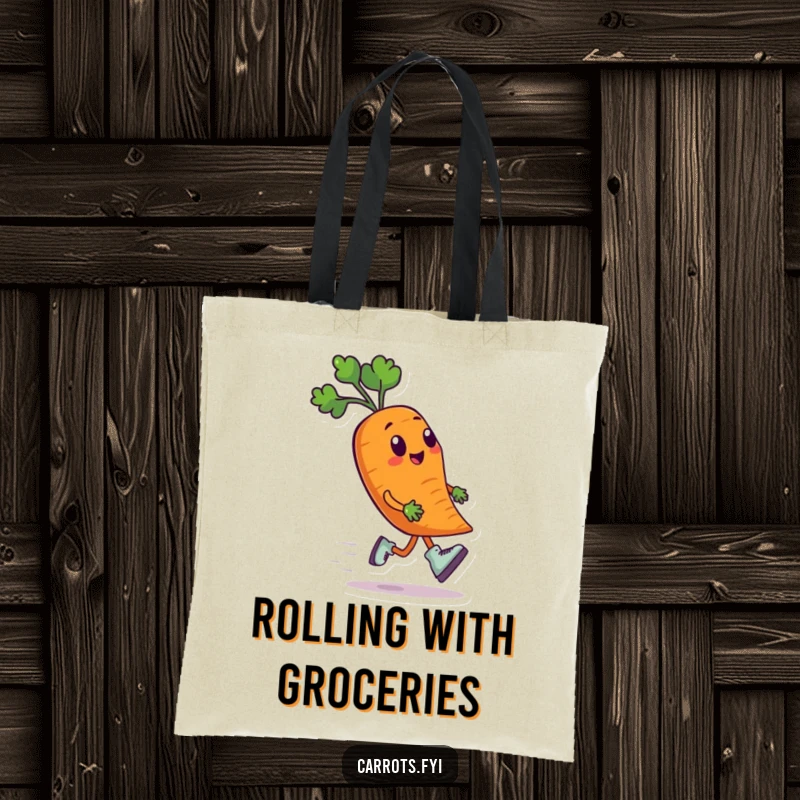 Funny tote bag depicting an anthropomorphic carrot character wearing small roller skates, speeding along with a dynamic and humorous flair.